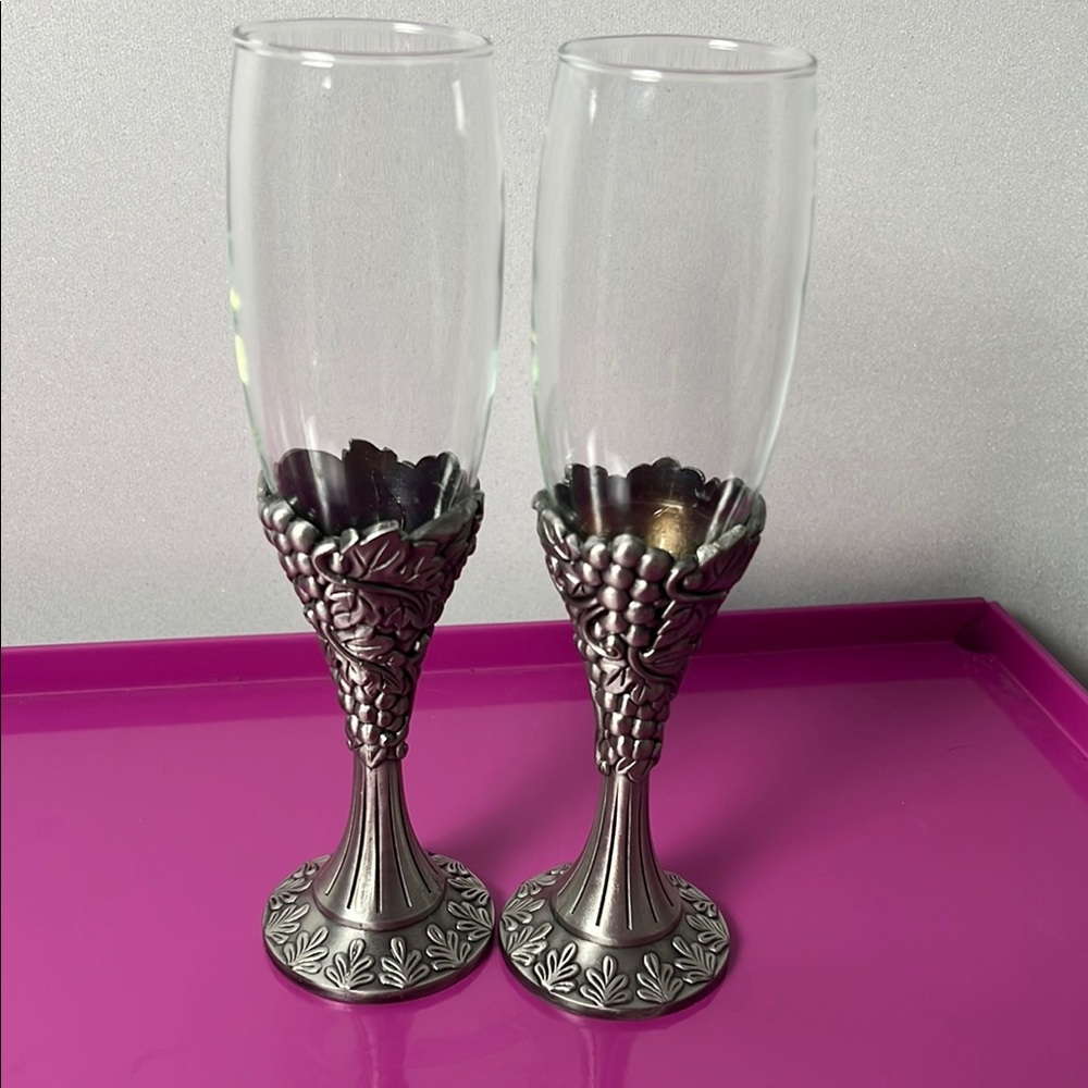 Vintage Glass & Pewter Grape Leaf Champagne Flutes Stemware